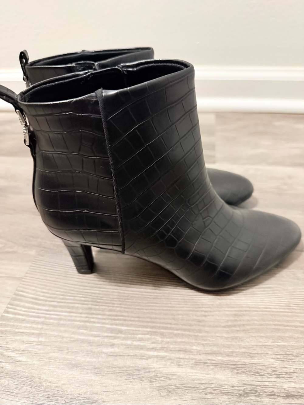 Life Stride Black Croc-Embossed Pointed Ankle Booties